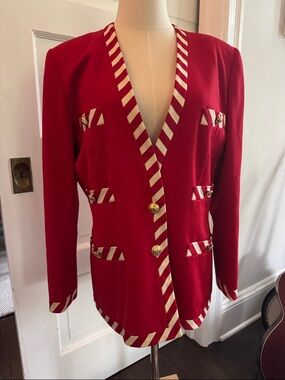 Vintage Escada wool blazer with Striped Trim and gold buttons